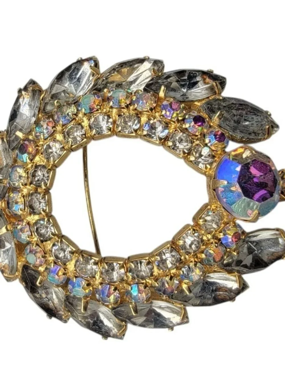 Juliana D&E Verified 4130 Clear Navette & AB Rhinestone Wreath Brooch Vintage